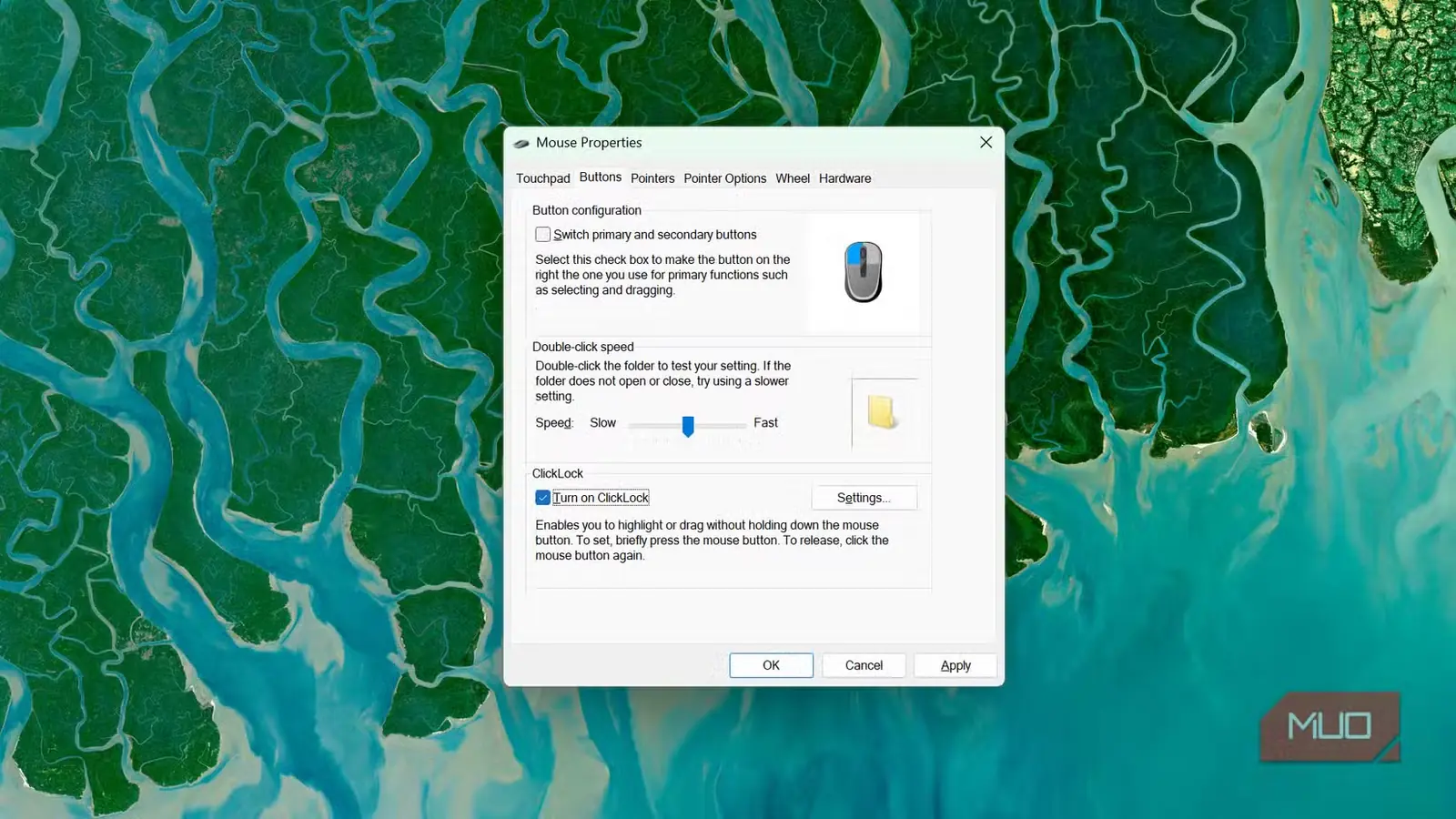 کادر گفتوگوی تنظیمات دکمهها در ویژگیهای ماوس Windows