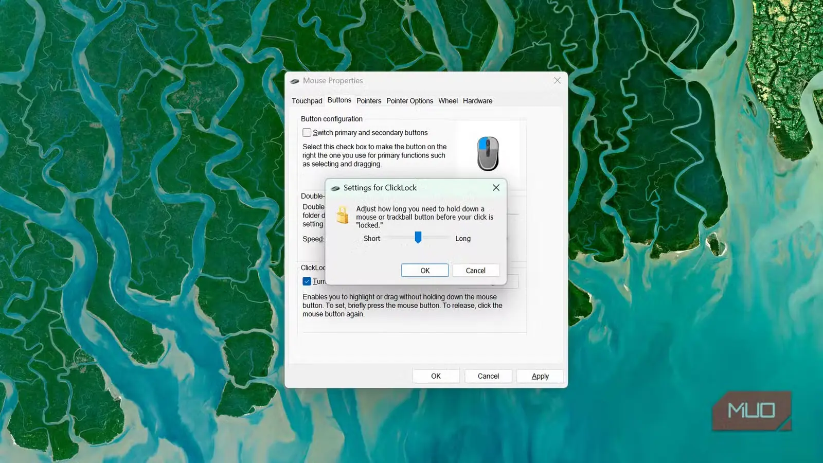 کادر گفتوگوی تنظیمات قفل کلیک در ویژگیهای ماوس Windows