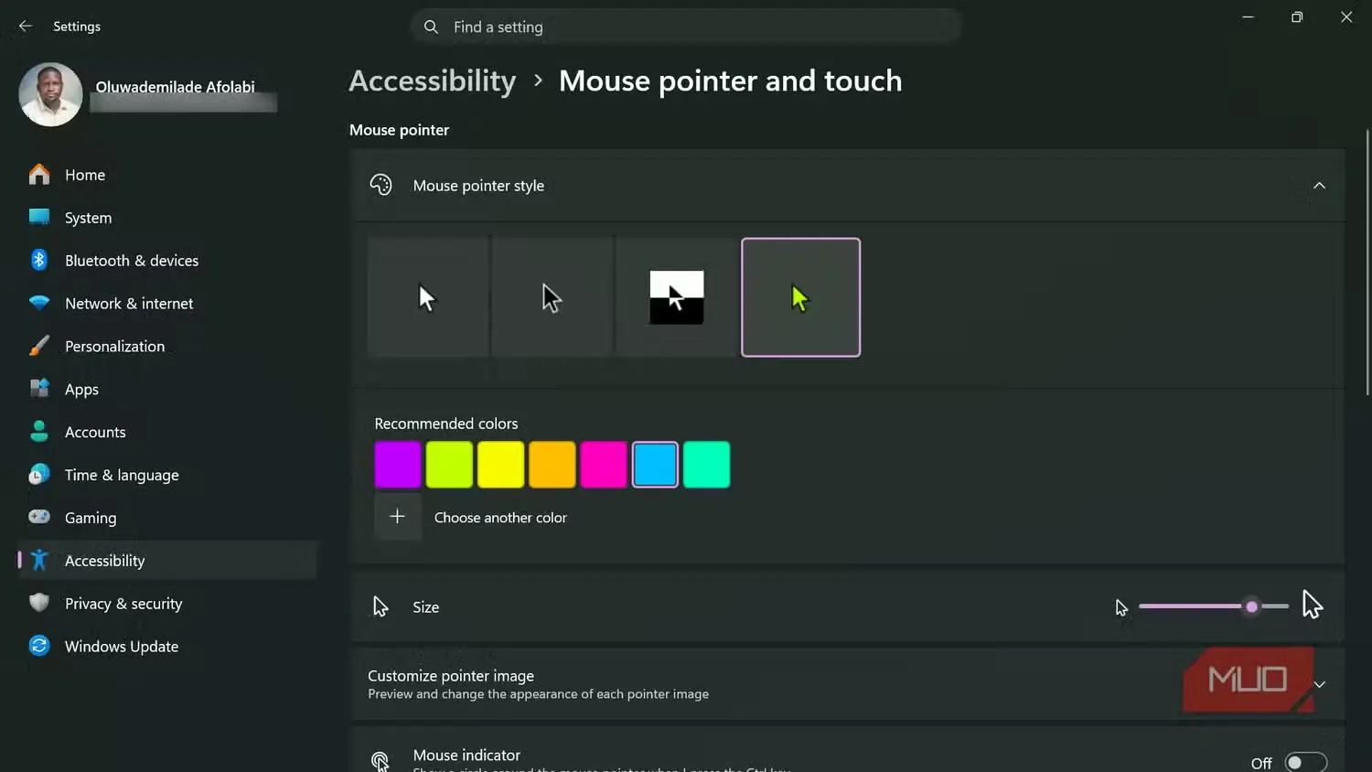 صفحه دسترسپذیری نشانگر ماوس در تنظیمات Windows 11