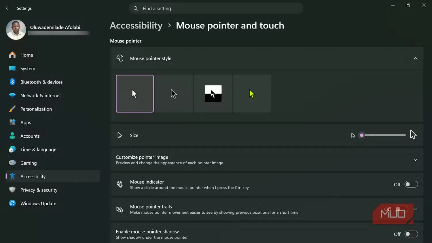 بخش دسترسپذیری نشانگر ماوس و لمس در تنظیمات Windows