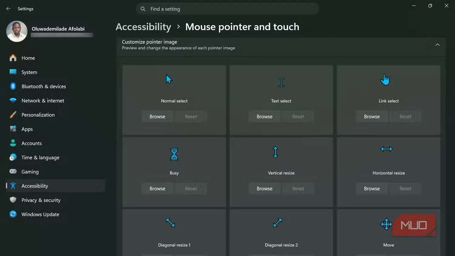 بخش شخصیسازی نشانگر ماوس و لمس در تنظیمات Windows