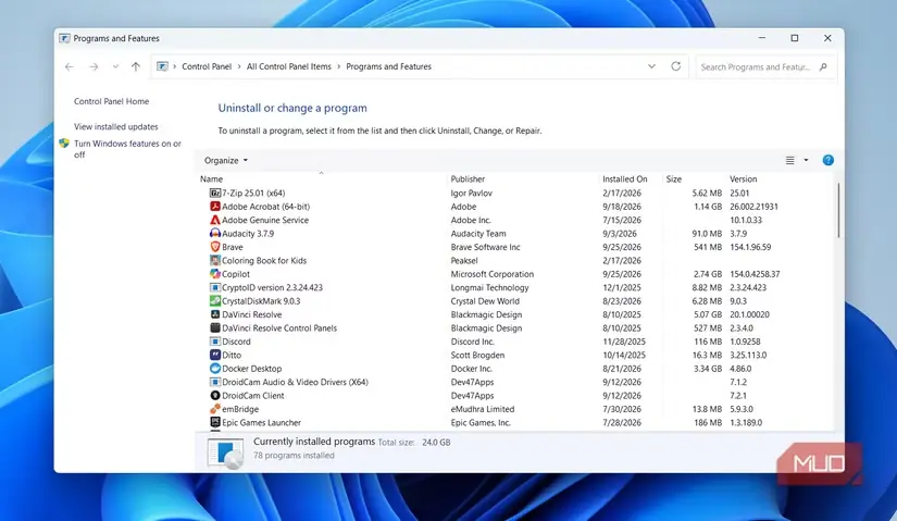 پنجره برنامهها و ویژگیها در Windows