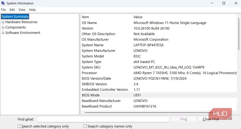 فهرست اطلاعات سیستم در Windows