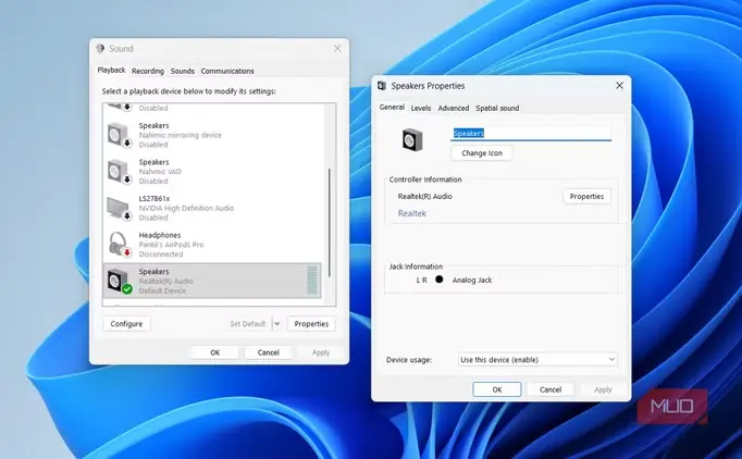 پنجره ویژگیهای صدا روی میزکار Windows