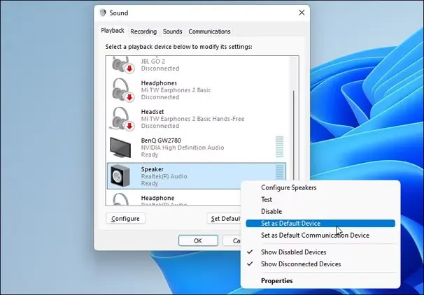 تنظیم دستگاه پیشفرض صدا در پنل کنترل Windows