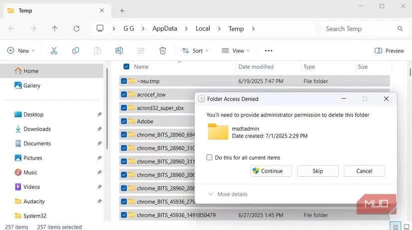 پیام تأیید حذف در پوشه موقت Windows