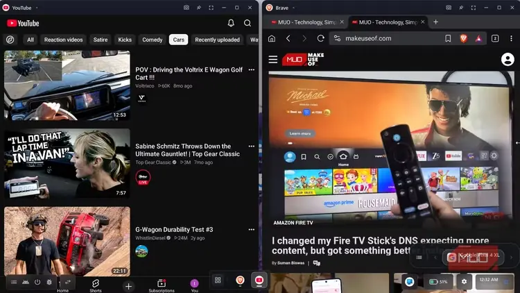 دو پنجرهٔ Android DeX چیده‌شده در کنار هم