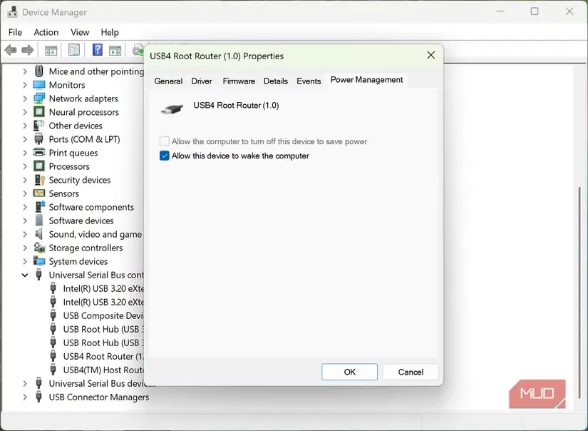 پنجرهٔ ویژگیهای میزبان USB4 و مدیریت توان در Device Manager ویندوز 11