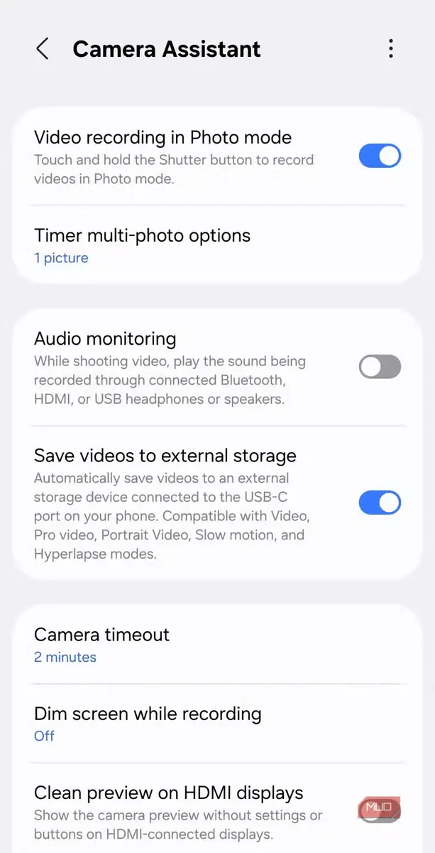 منوی تنظیمات Camera Assistant در گوشی Samsung