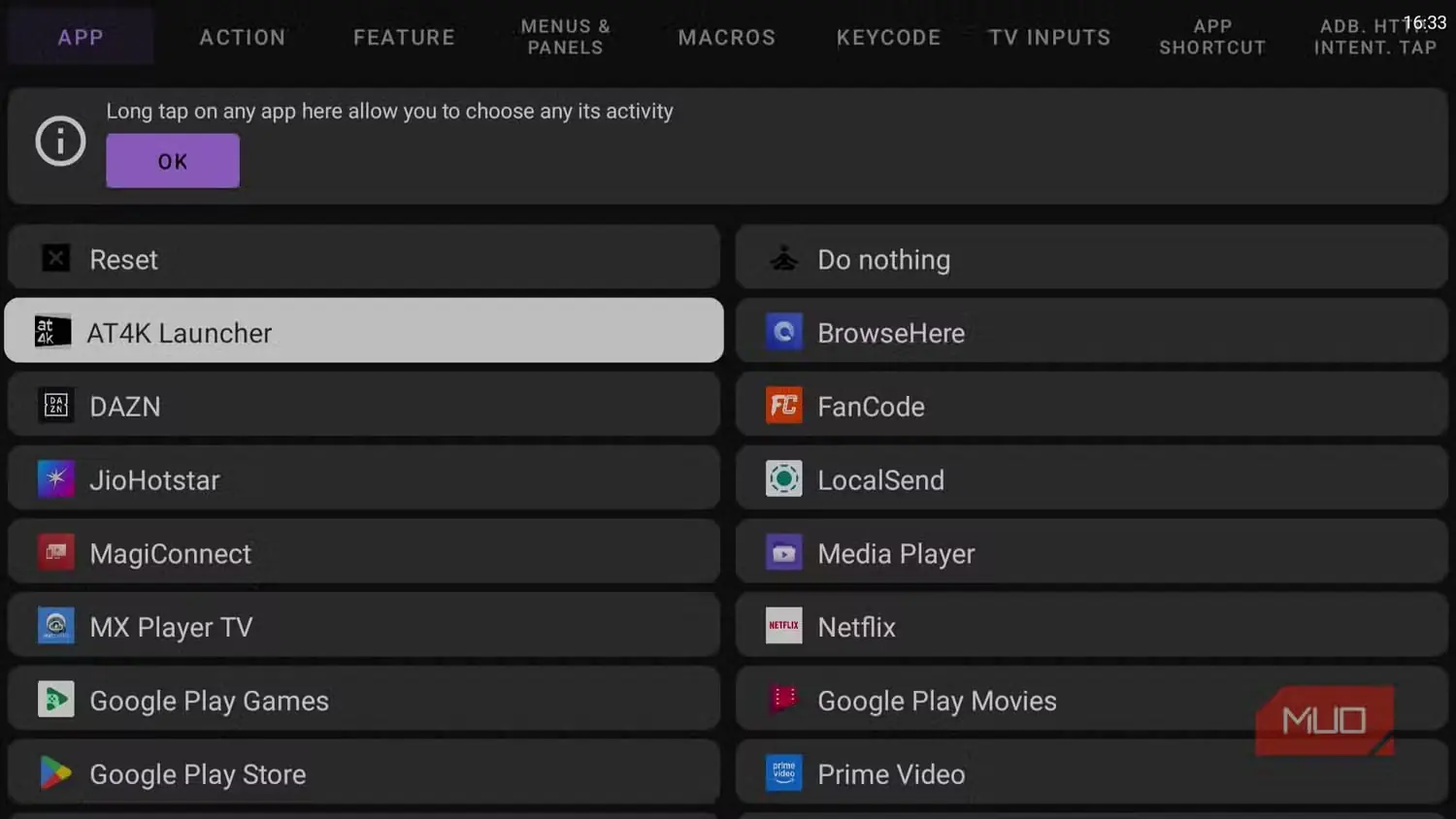 گزینههای برنامه tvQuickActions در Google TV