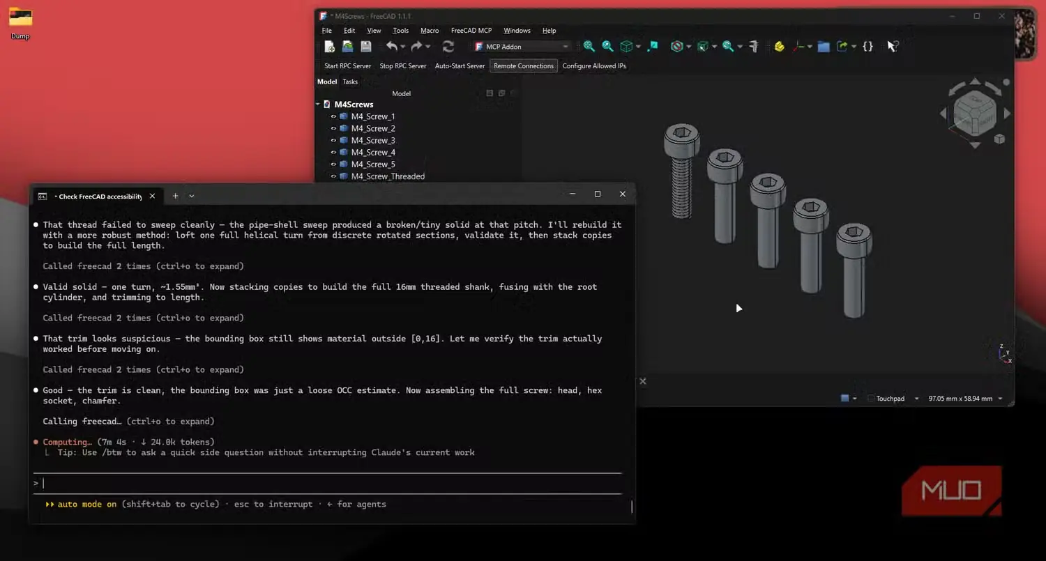 ساخت پیچهای M4 در FreeCAD با Claude Code