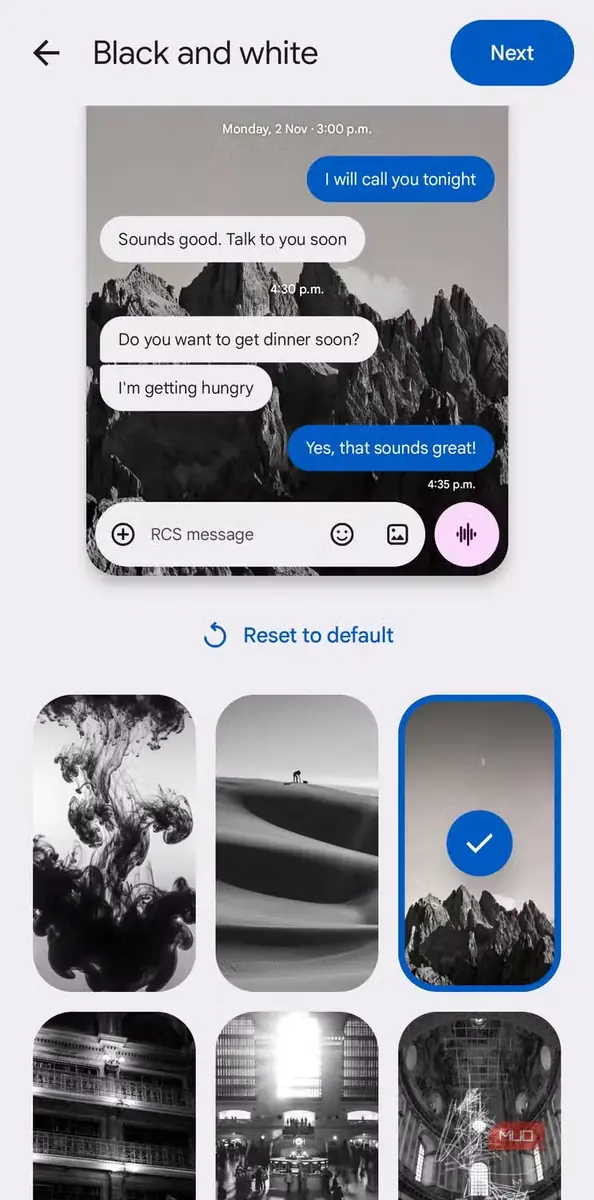 بخش انتخاب تمهای گفتوگو در Google Messages