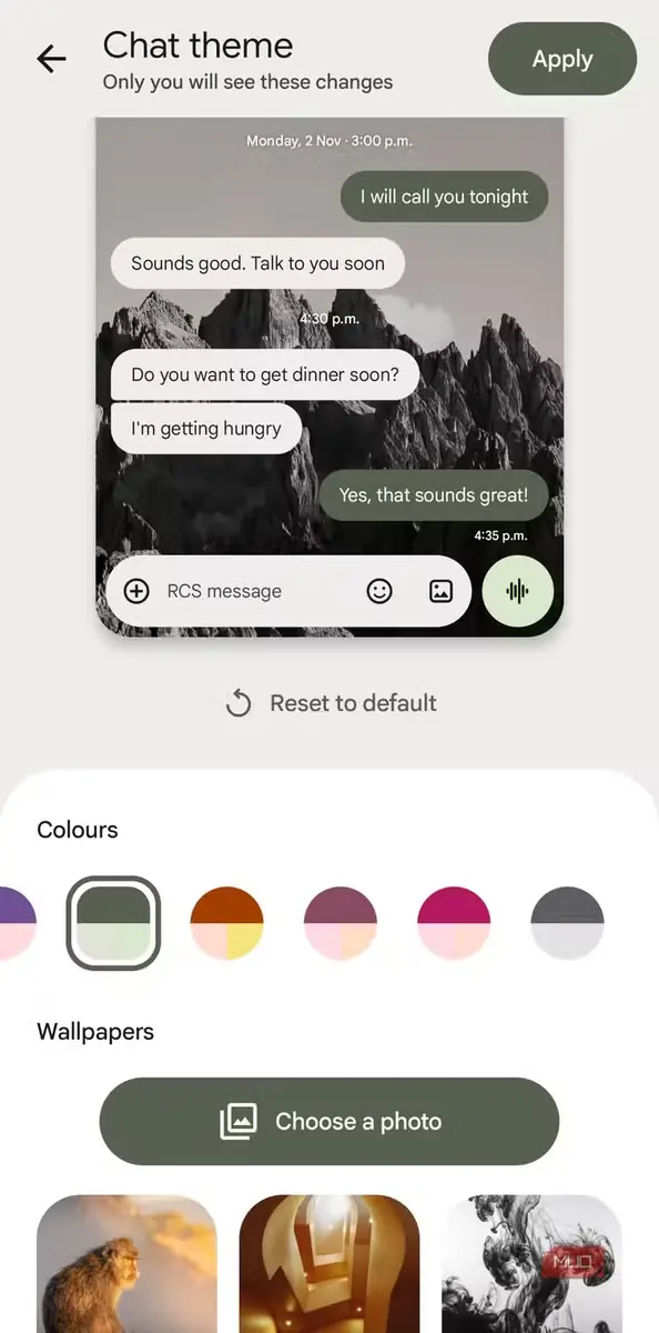 گزینهٔ تم گفتوگو در Google Messages برای Android