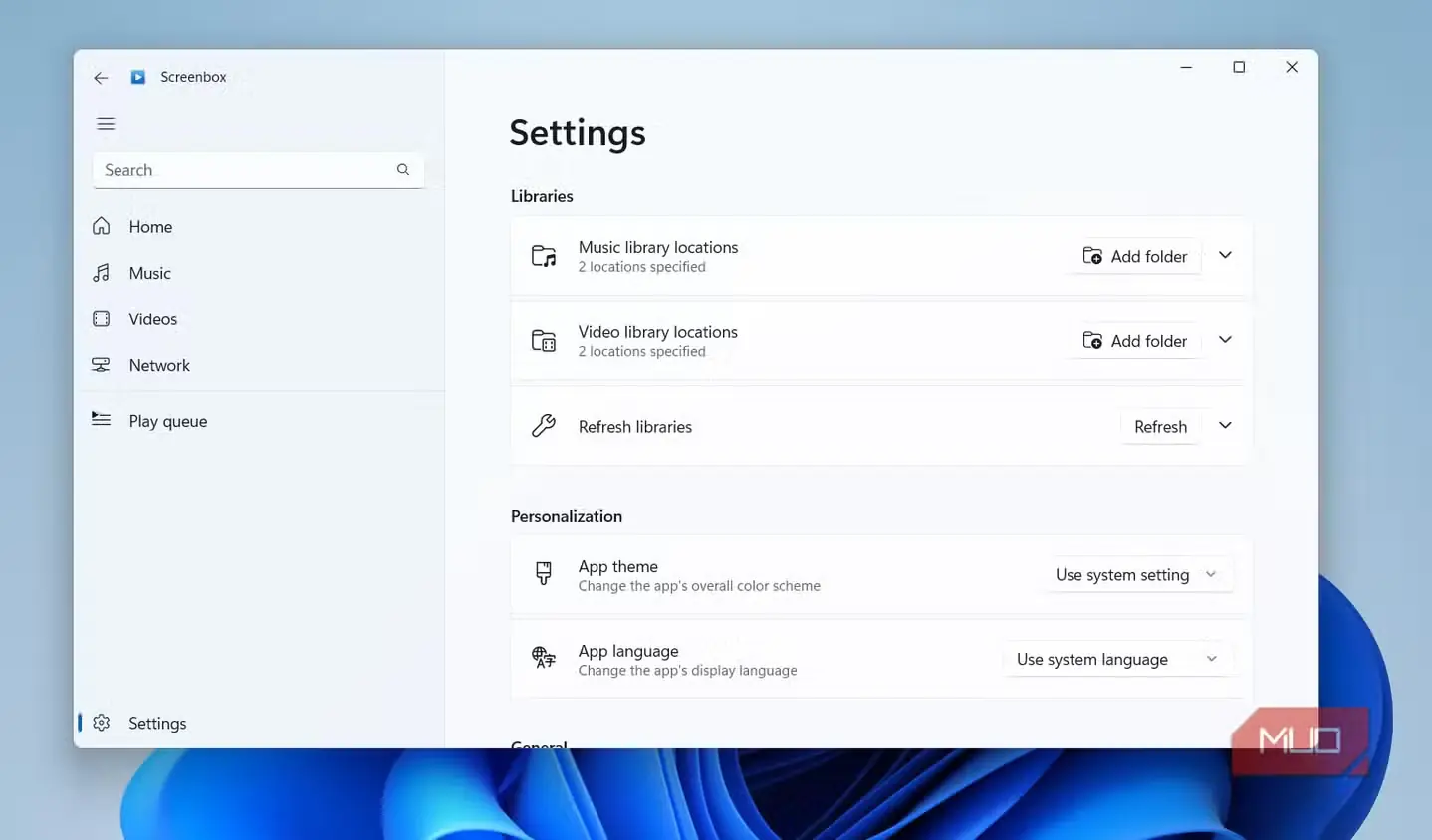 تنظیمات برنامه Screenbox روی میزکار Windows