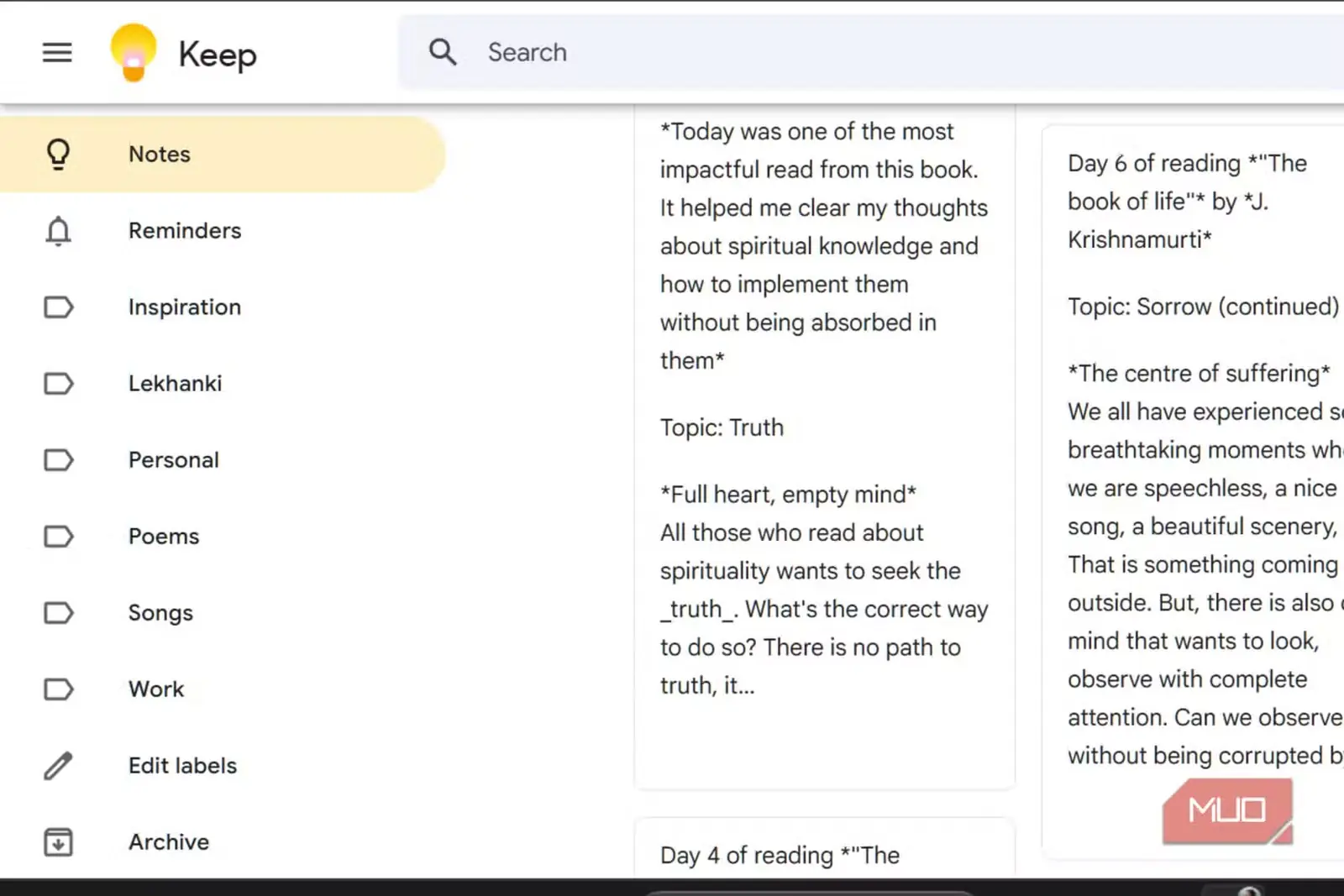 نمای رابط صفحه اصلی Google Keep