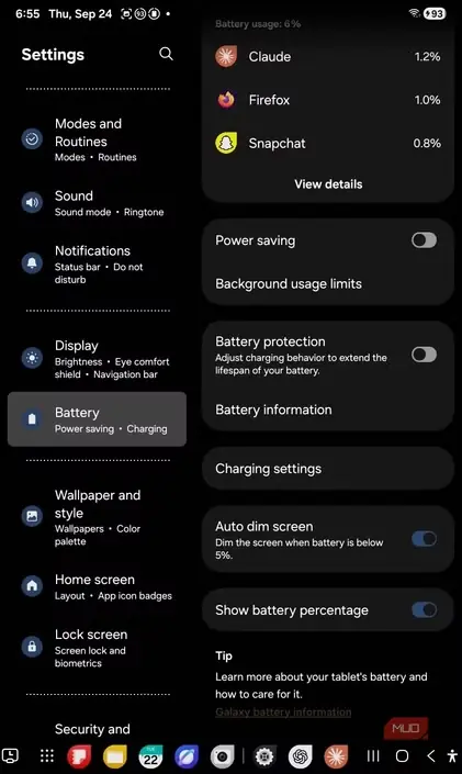 بخش محدودیت مصرف پسزمینه در تنظیمات باتری Samsung