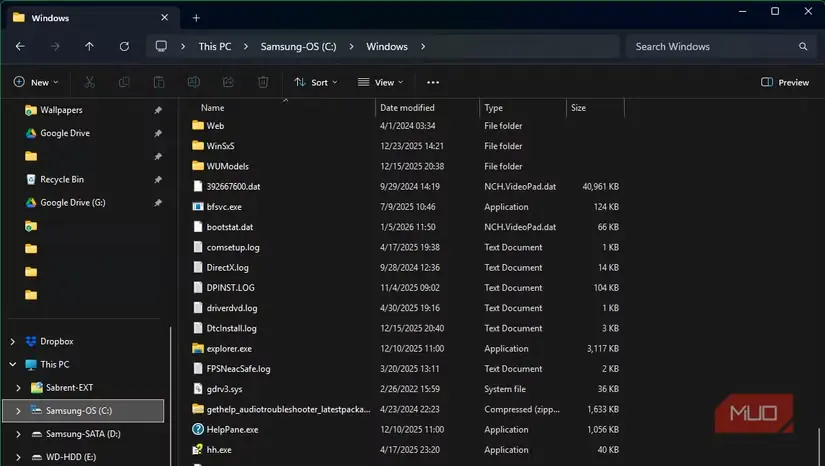 پروندههای سیستمی Windows در کاوشگر پروندهها