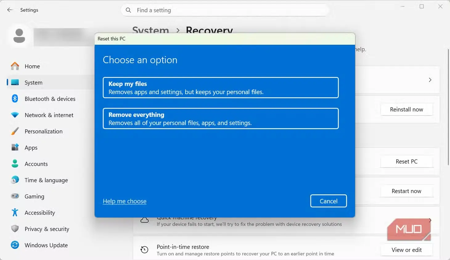 گزینه بازنشانی رایانه در تنظیمات Windows