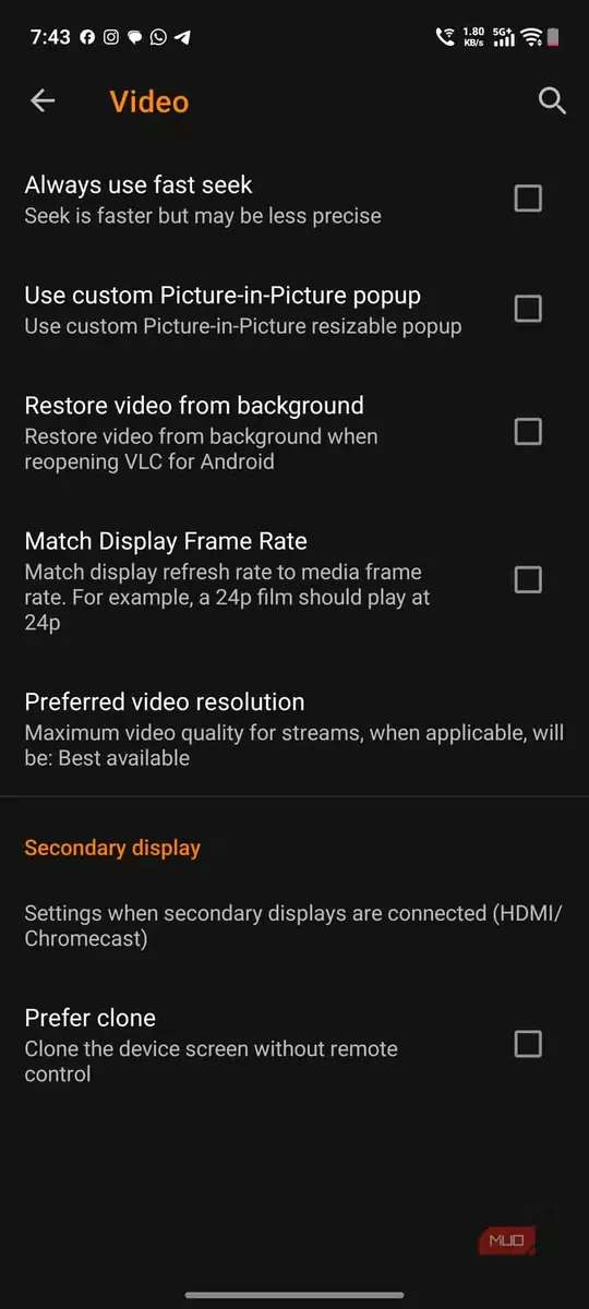 نمایی از تنظیمات VLC در Android
