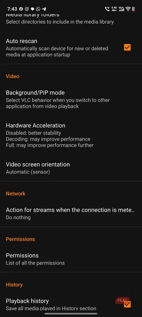 نمایی از منوی تنظیمات VLC در vivo X300 Pro