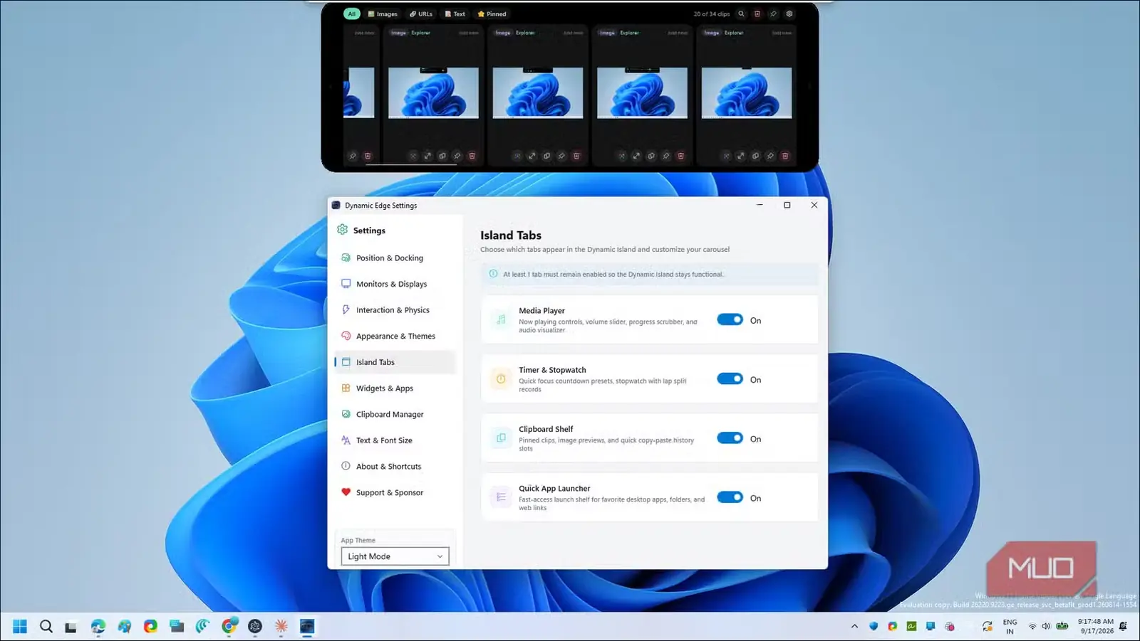 پنجره پیکربندی زبانههای جزیره در تنظیمات Dynamic Edge با کلیدهای روشن و خاموشکردن قابلیتها