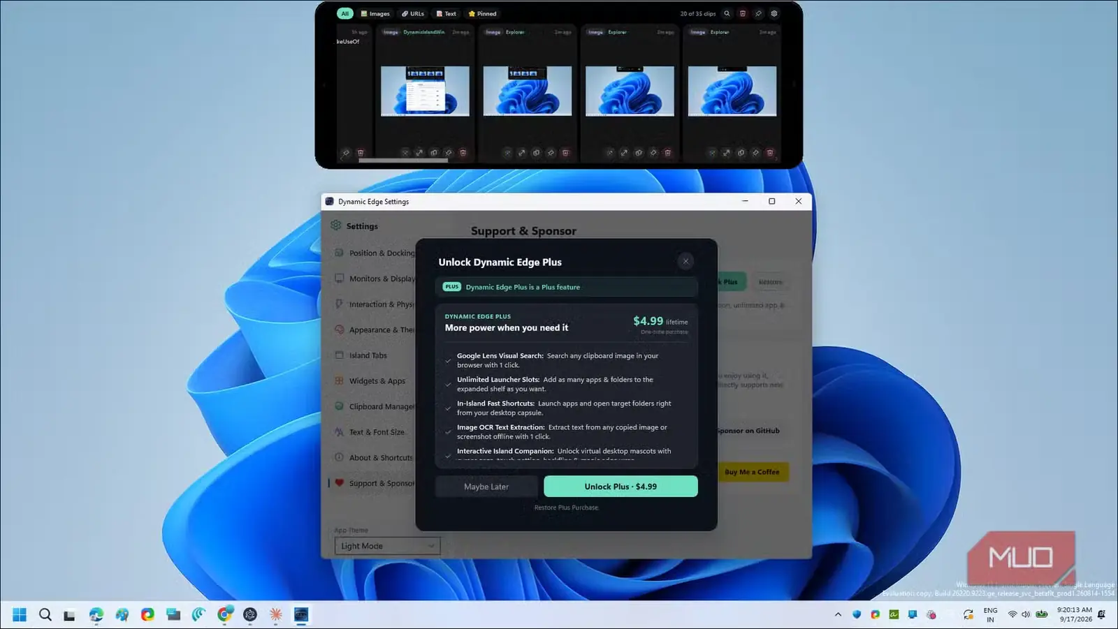 پنجره تنظیمات Dynamic Edge با کادر بازشوی ارتقا به نسخه پلاس