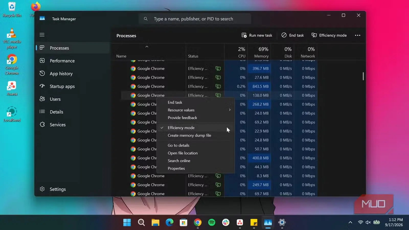 خاموش کردن حالت بهرهوری Chrome در مدیر وظایف ویندوز