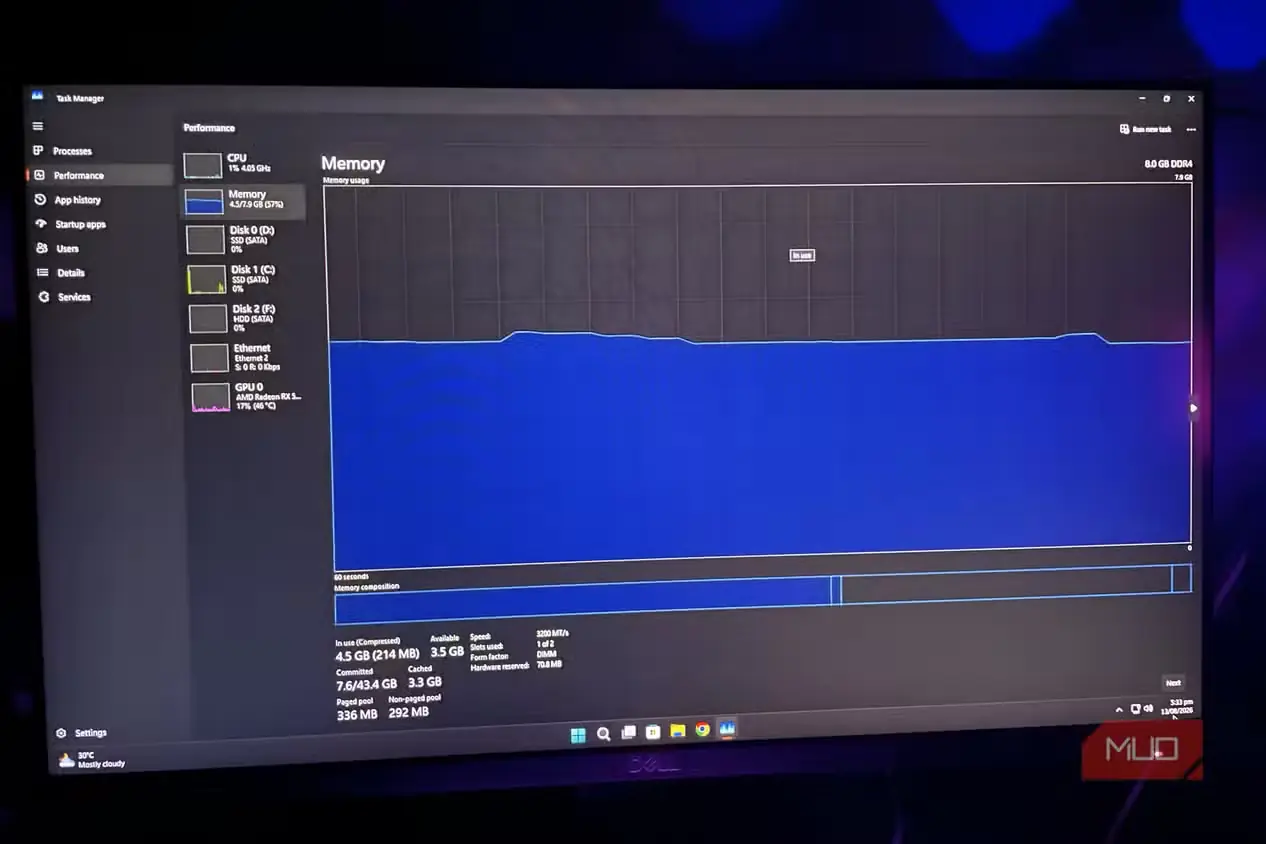 حافظهٔ 8GB RAM در Windows