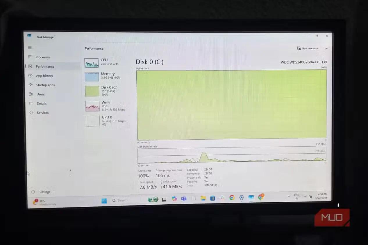 نمایش مصرف 100% دیسک در مدیر وظیفهٔ Windows