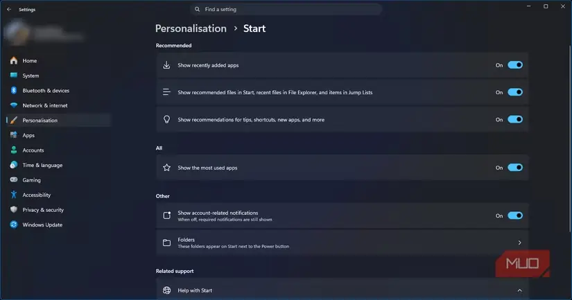 تنظیمات منوی شروع Windows 11 با برنامههای تازهافزوده، پروندههای پیشنهادی، نکتهها، برنامههای پرکاربرد و اعلانهای حسابِ فعال