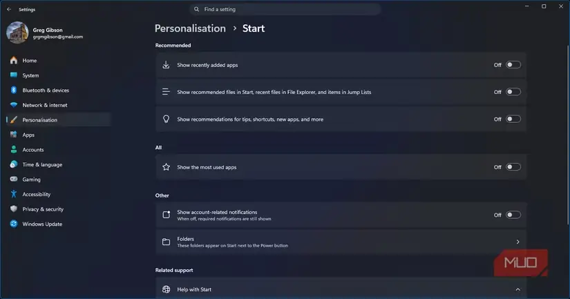 تنظیمات منوی شروع Windows 11 با پیشنهادها، پروندههای اخیر، برنامههای پرکاربرد و اعلانهای حسابِ خاموش