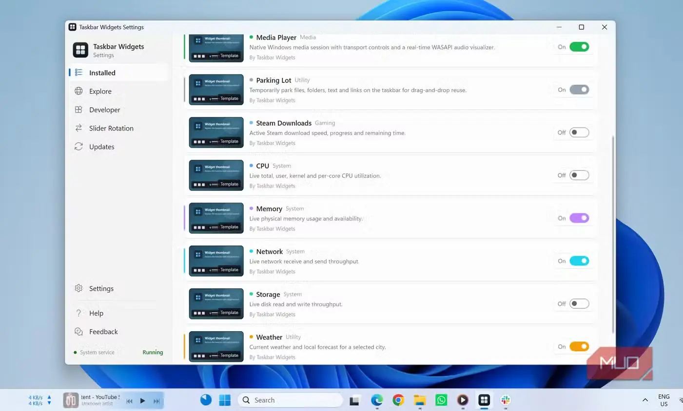 برنامهٔ Taskbar Widgets روی نوار وظیفهٔ Windows