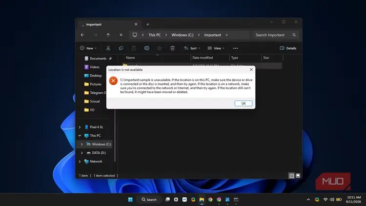 نمایش خطای «مکان در دسترس نیست» در File Explorer هنگام بازکردن پوشه دارای نقطه پایانی که با cmd ساخته شده است