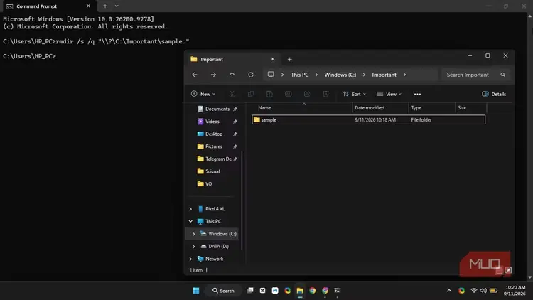 حذف پوشه دارای نقطه پایانی با استفاده از Command Prompt