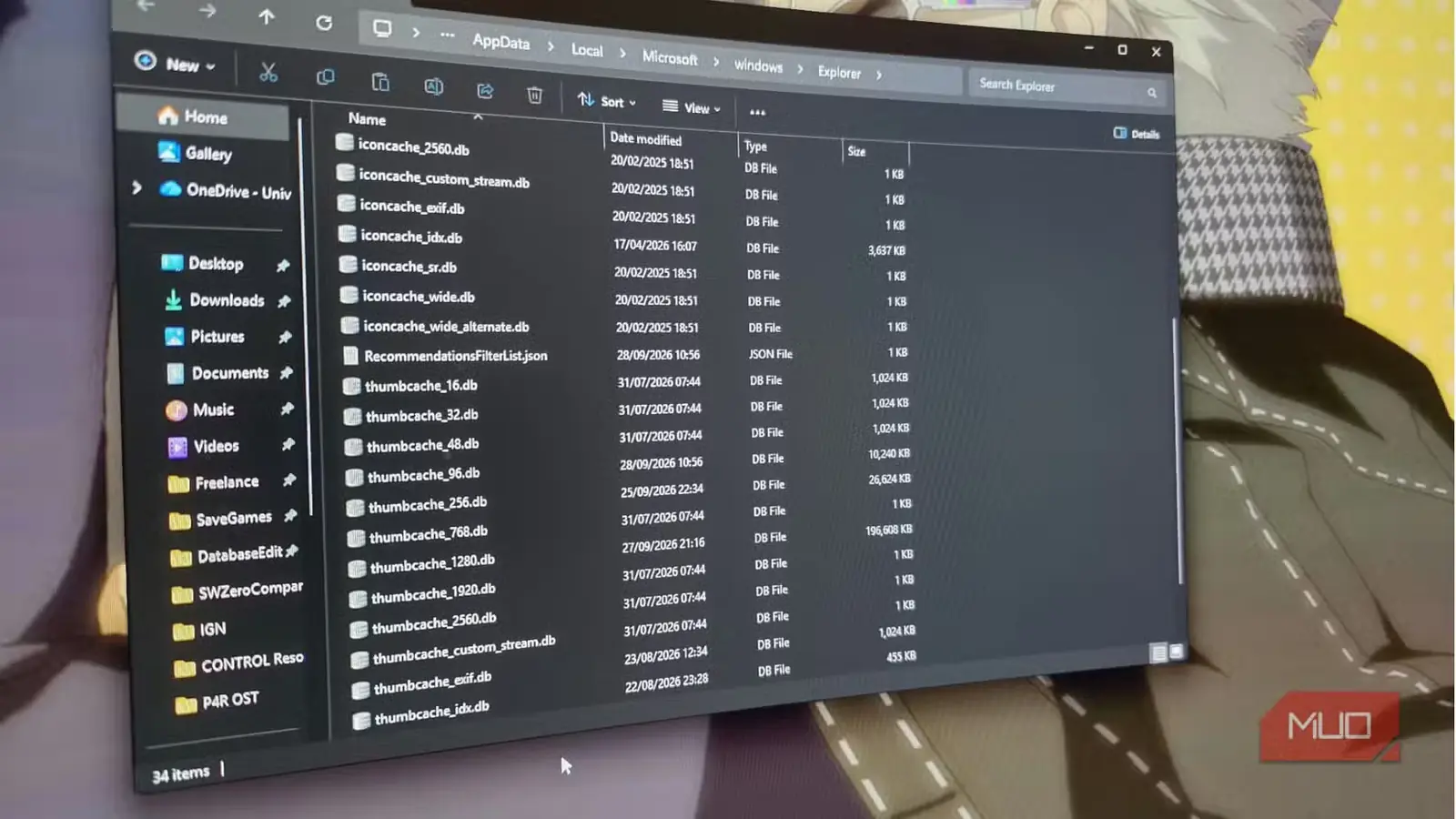 نمای فایل اکسپلورر Windows از پوشه دادههای Windows Explorer شامل حافظه نهان نمادها و فایلهای پایگاه داده تصاویر بندانگشتی