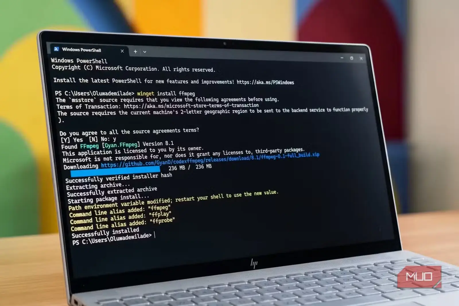 نصب موفق FFmpeg با winget در Windows PowerShell
