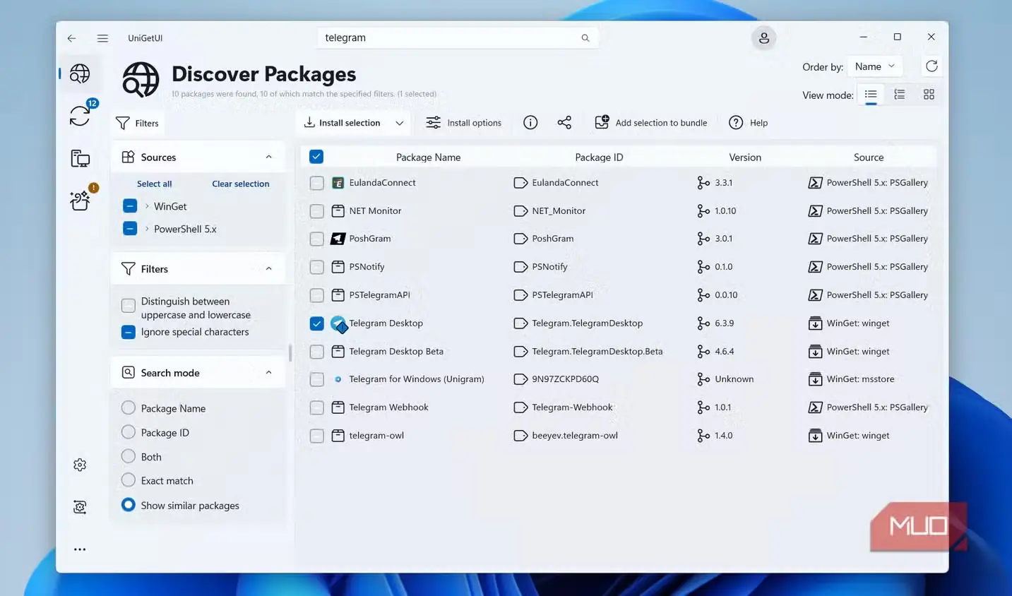 نتایج جستوجوی Telegram در UniGetUI