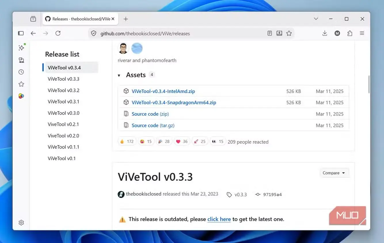بخش دارایی‌ها در صفحهٔ GitHub ابزار ViVeTool
