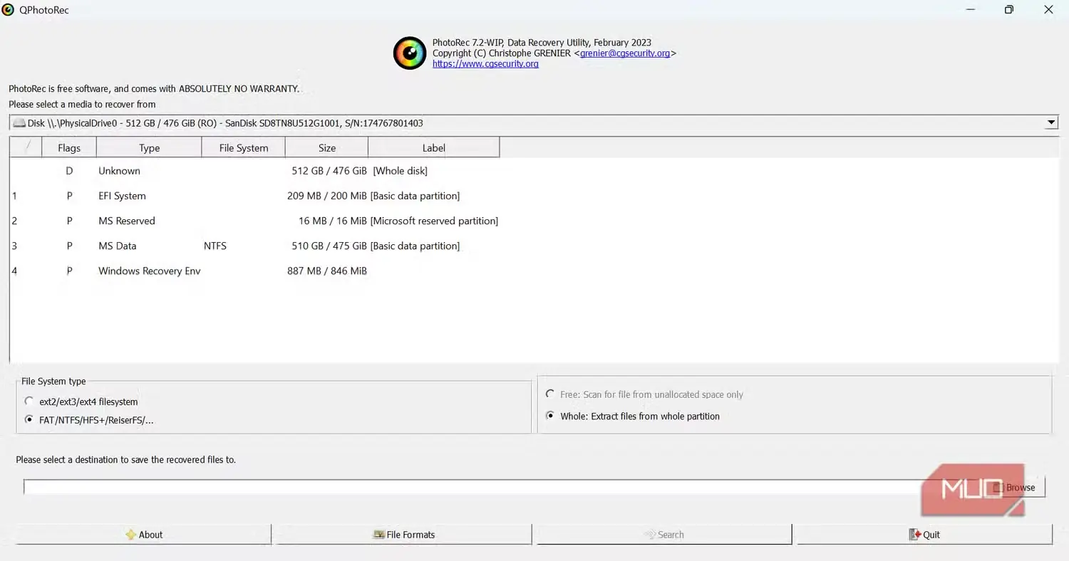 تنظیمات بازیابی دادهها در QPhotoRec