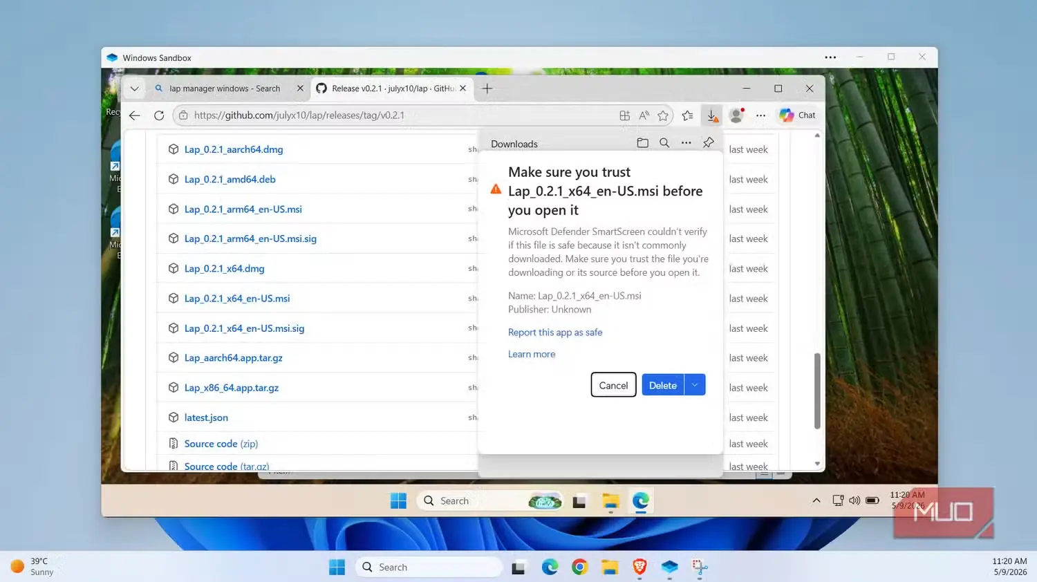 نمایش پیام هشدار Windows Sandbox در Edge