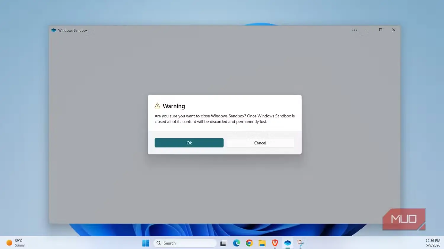 پنجره هشدار Windows Sandbox
