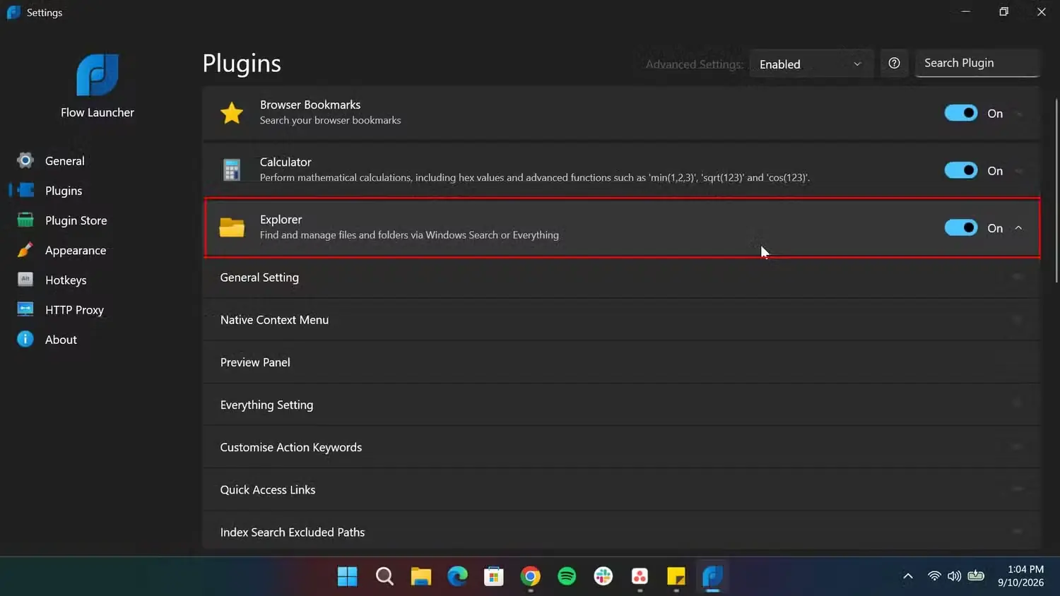 بخش افزونهها در تنظیمات Flow Launcher