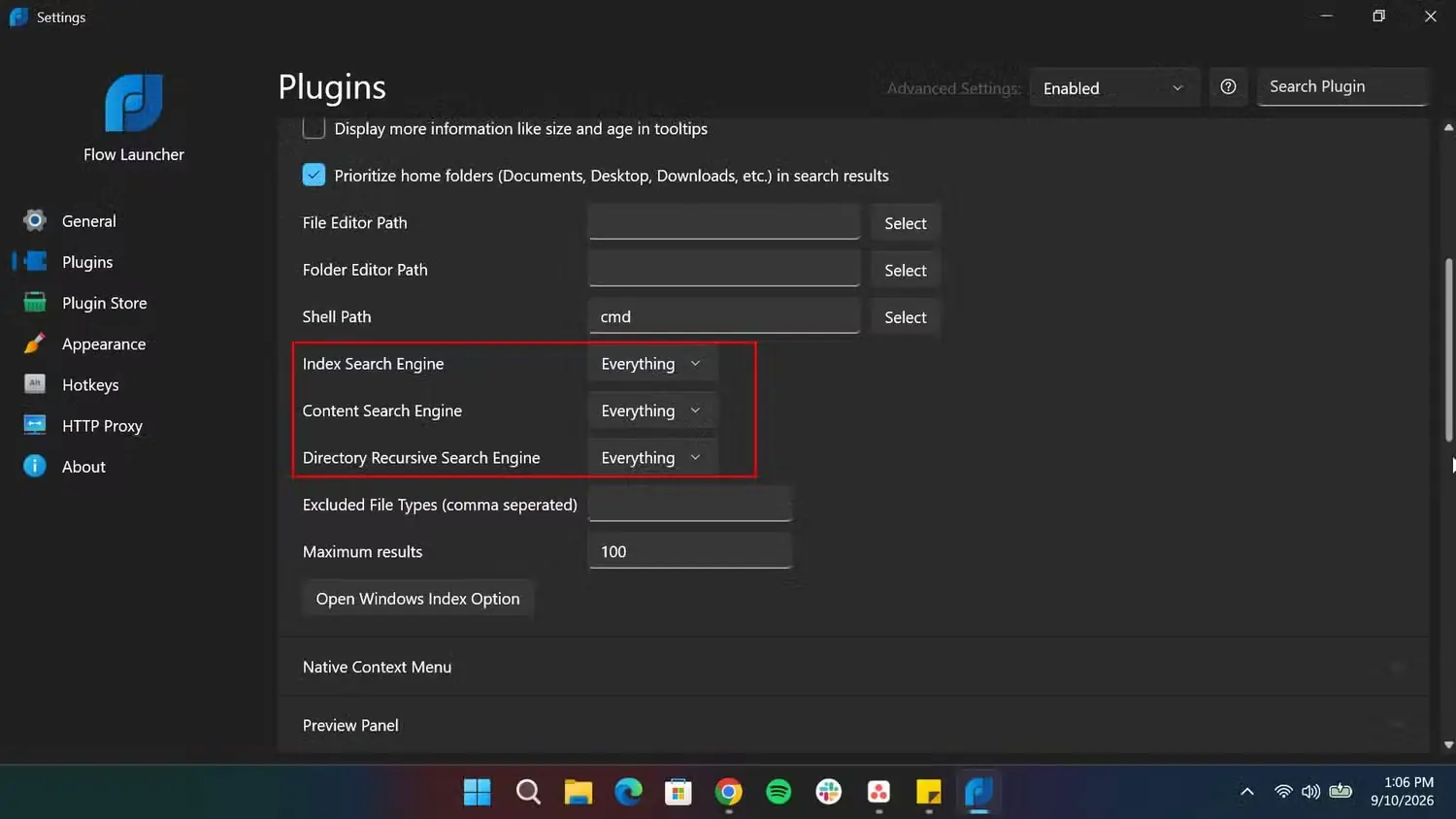 تغییر نمایهساز فایل به Everything در تنظیمات Flow Launcher