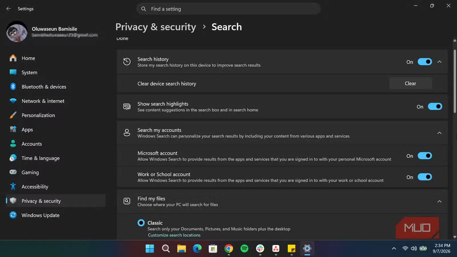 تنظیمات جستوجو در Windows