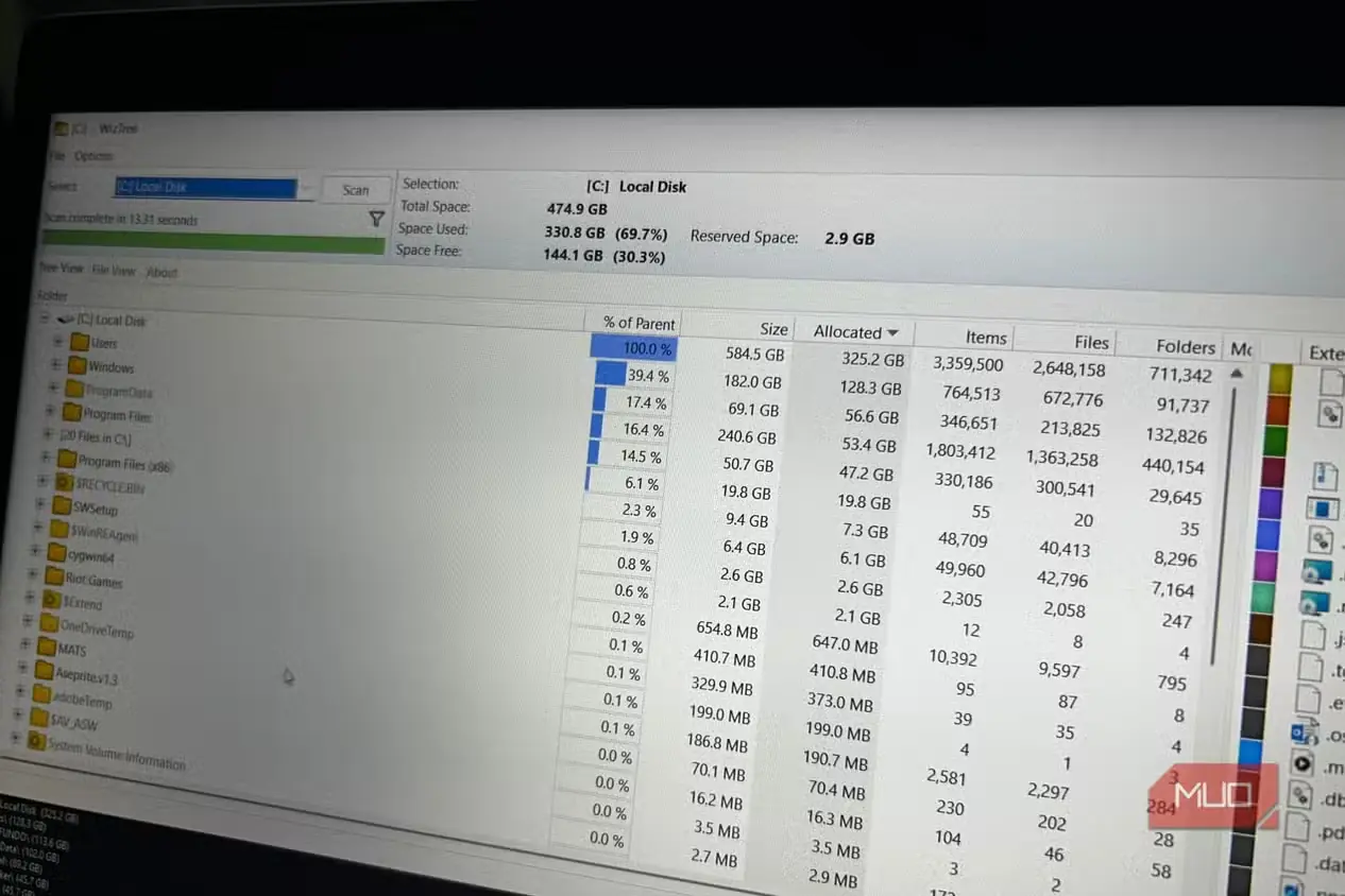 تصویری از WizTree در محیط ویندوز
