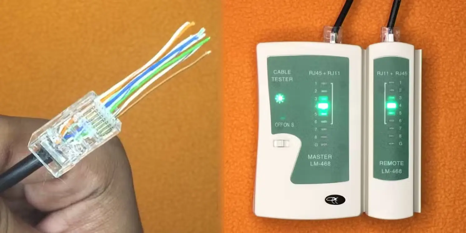 سوکت عبوری RJ45 با سیمهای بیرونآمده، در کنار فرایند آزمایش کابل اترنت