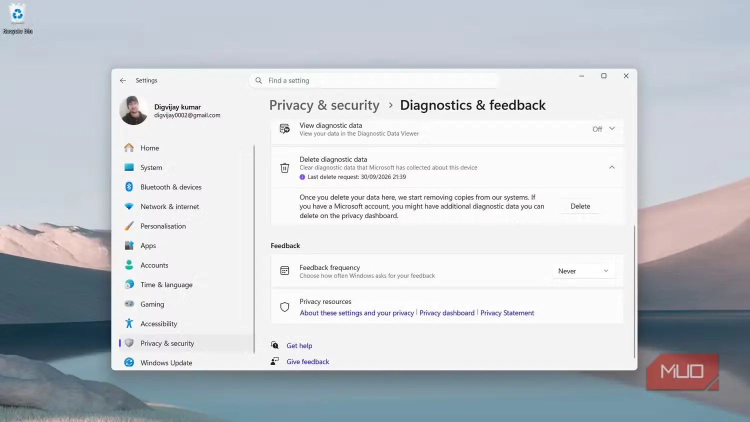 ثبت درخواست حذف دادههای تشخیصی در Windows