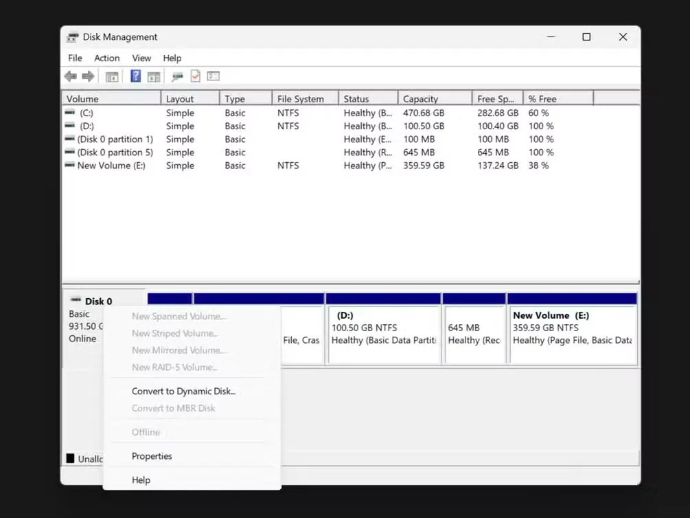 نمایش ویژگیهای Disk 0 در پنجره Disk Management