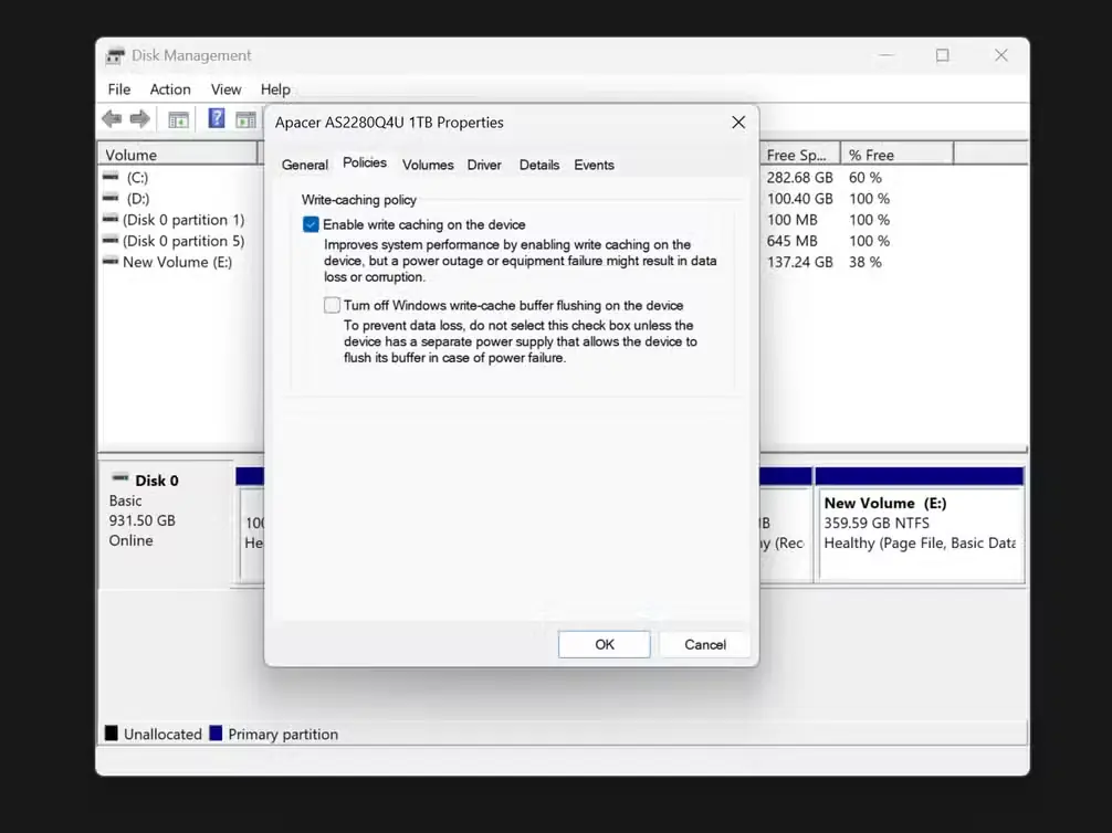 فعالبودن حافظه نهان نوشتن برای Disk 0 در پنجره Disk Management