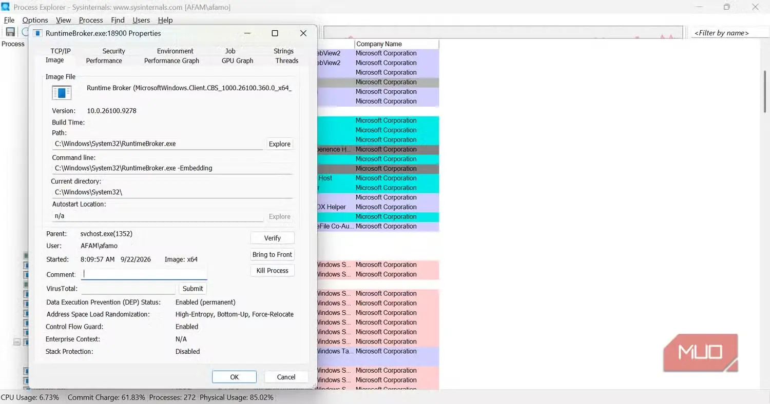 نمای مسیر فایل فرایندها در Process Explorer